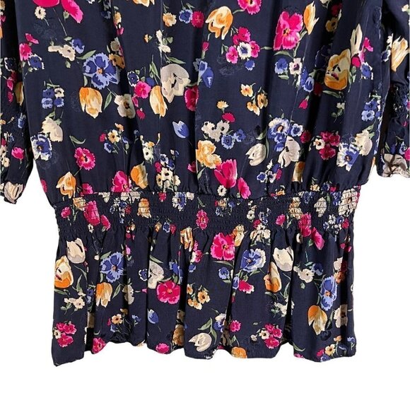 Lauren Ralph Lauren Navy Floral Women's Size Large V-Neck Ruffle Top - Picture 9 of 11
